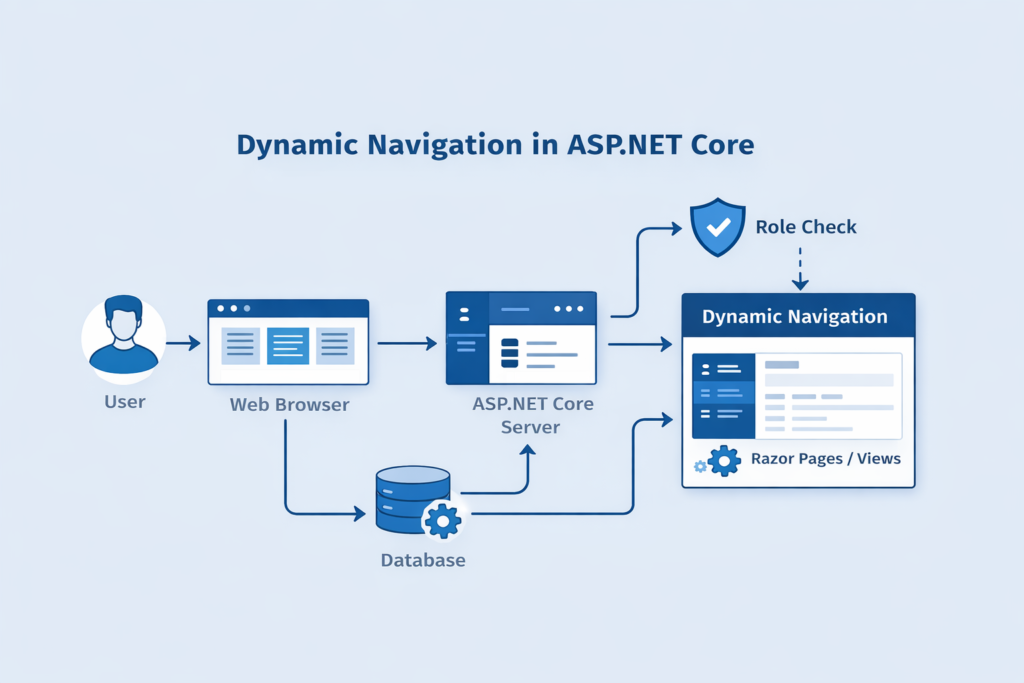 Understanding Dynamic Navigation in ASP.NET Core 2 Role-Based Navigation in ASP.NET Core architecture diagram