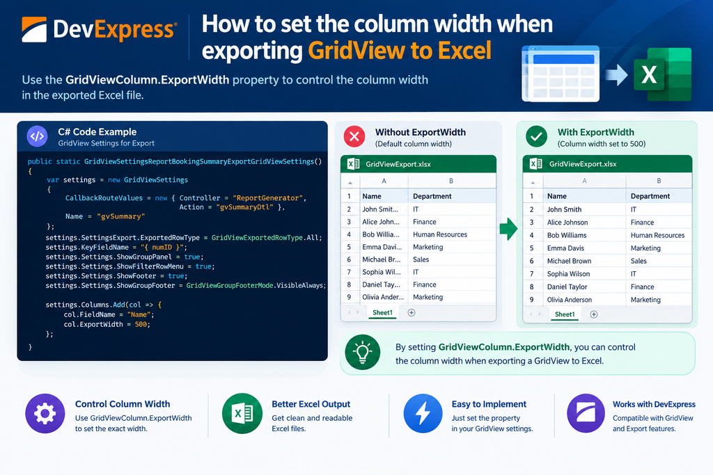 Set DevExpress GridView Column Width When Exporting to Excel 1 DevExpress GridView export column width